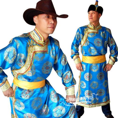 男士蒙古袍 蒙古族演出服男舞蹈表演服饰生活装湖蓝色蒙古族服装